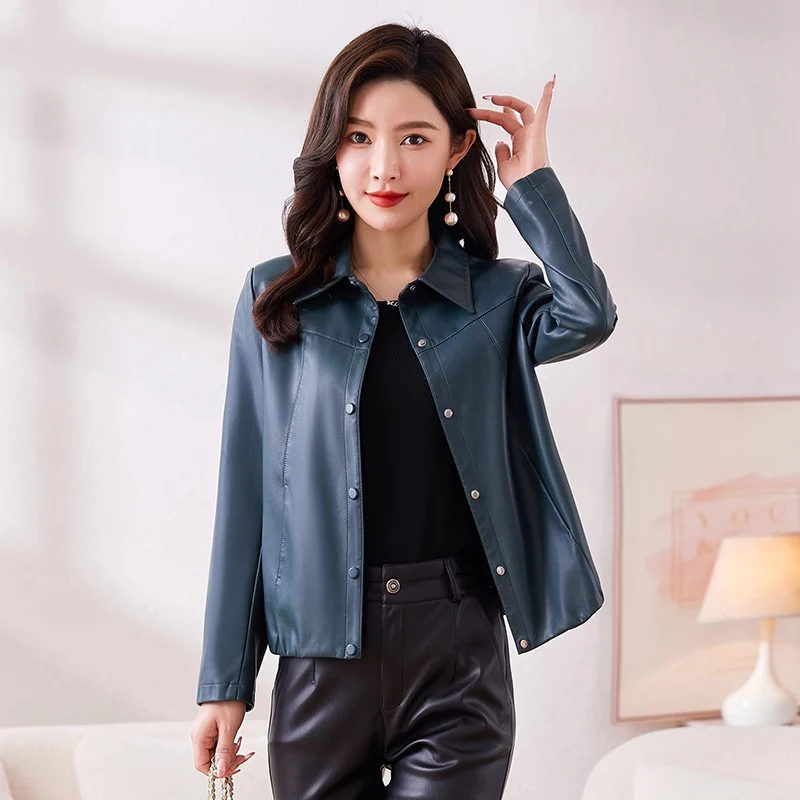 Top Trends: New Women Short Leather Coat Spring Autumn Fashion Turn-down Collar Single Breasted Casual Slim Jacket Split Leather Outerwear Shoppable Styles