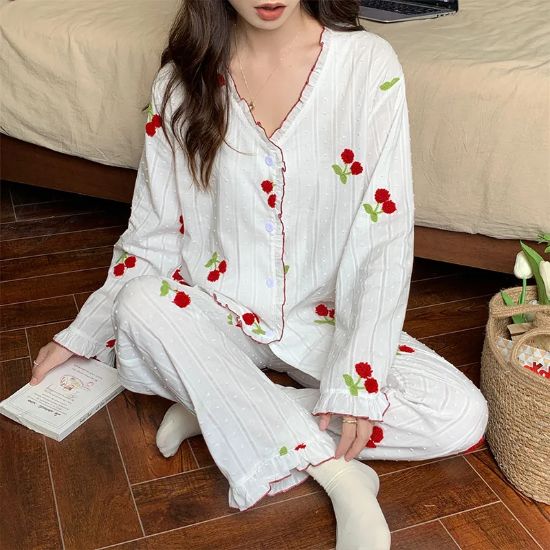 Top Trends: Women 2 Pieces Pajamas Sets 100% Cotton Pijama Solid Female Pyjama Sleepwear Long Sleeve Shirt Pants Suit Homewear Loungewear Shoppable Styles