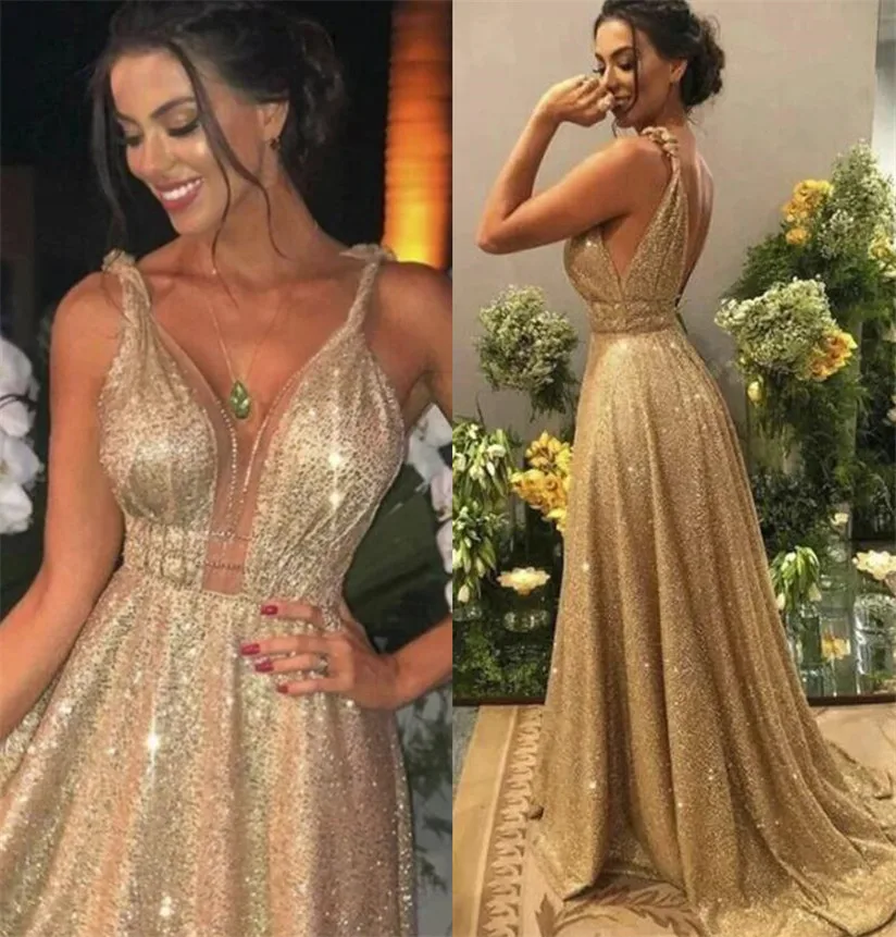 Top Trends: Champagne Gold 2024 Prom Dresses Long Formal Sequins Shinny Evening Gowns V Neck Backless Party Robe Maxi Shoppable Styles