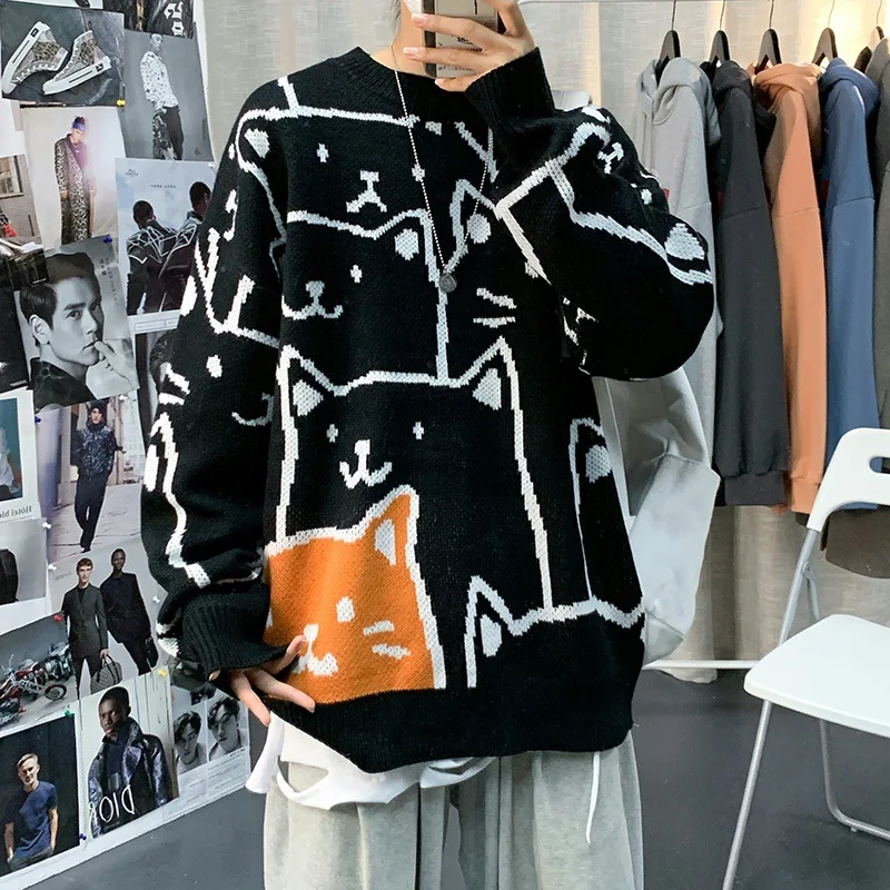 Top Trends: Cartoon Cat Knitted Sweater Men Japanese Retro Harajuku Knitwears Pullover 2023 Winter Women Tops Oversized Vintage Sweater Shoppable Styles