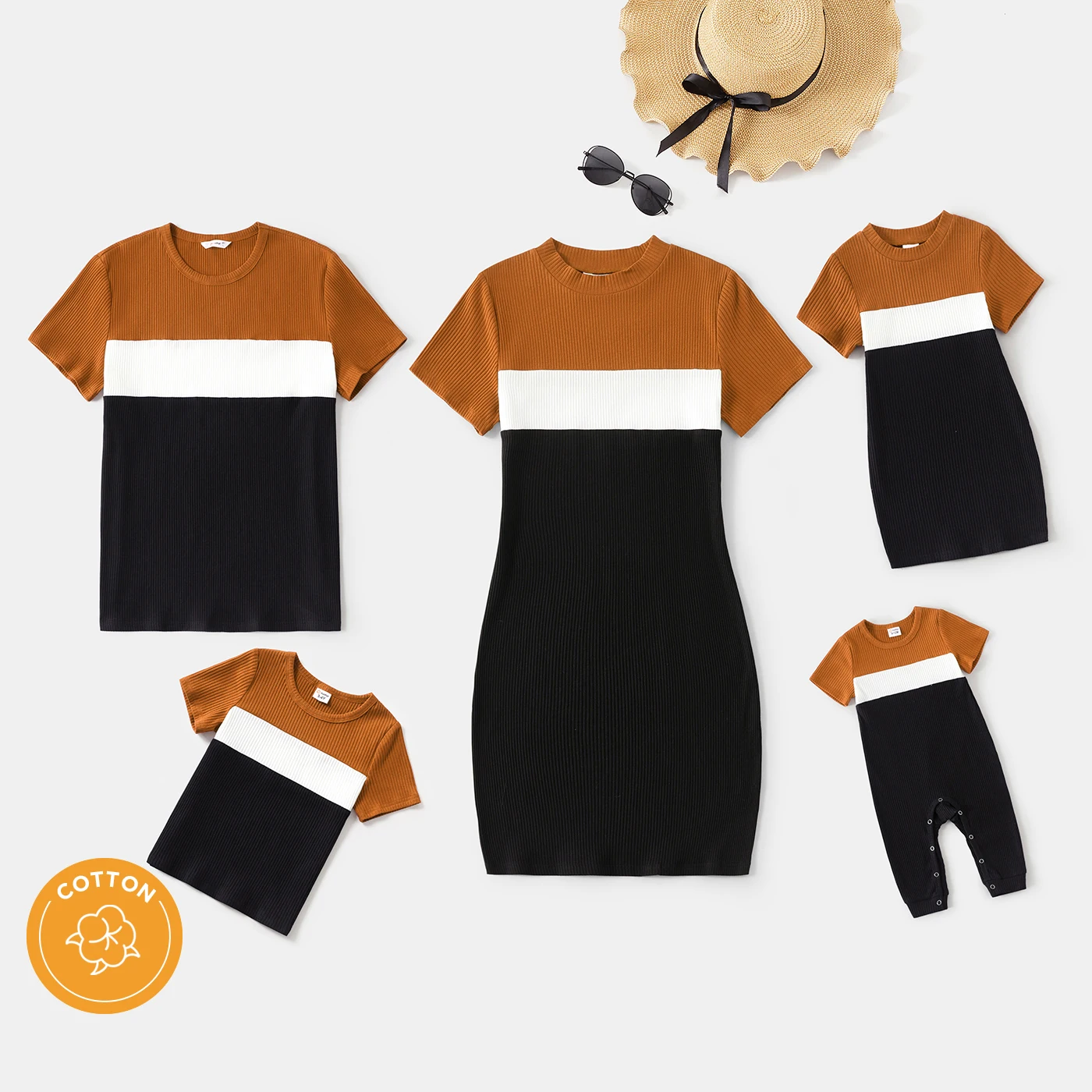 Top Trends: PatPat Family Matching Outfits Cotton Short-sleeve Colorblock Rib Knit Mock Neck Bodycon Dresses And Tops Short-sleeve Tee Sets Shoppable Styles