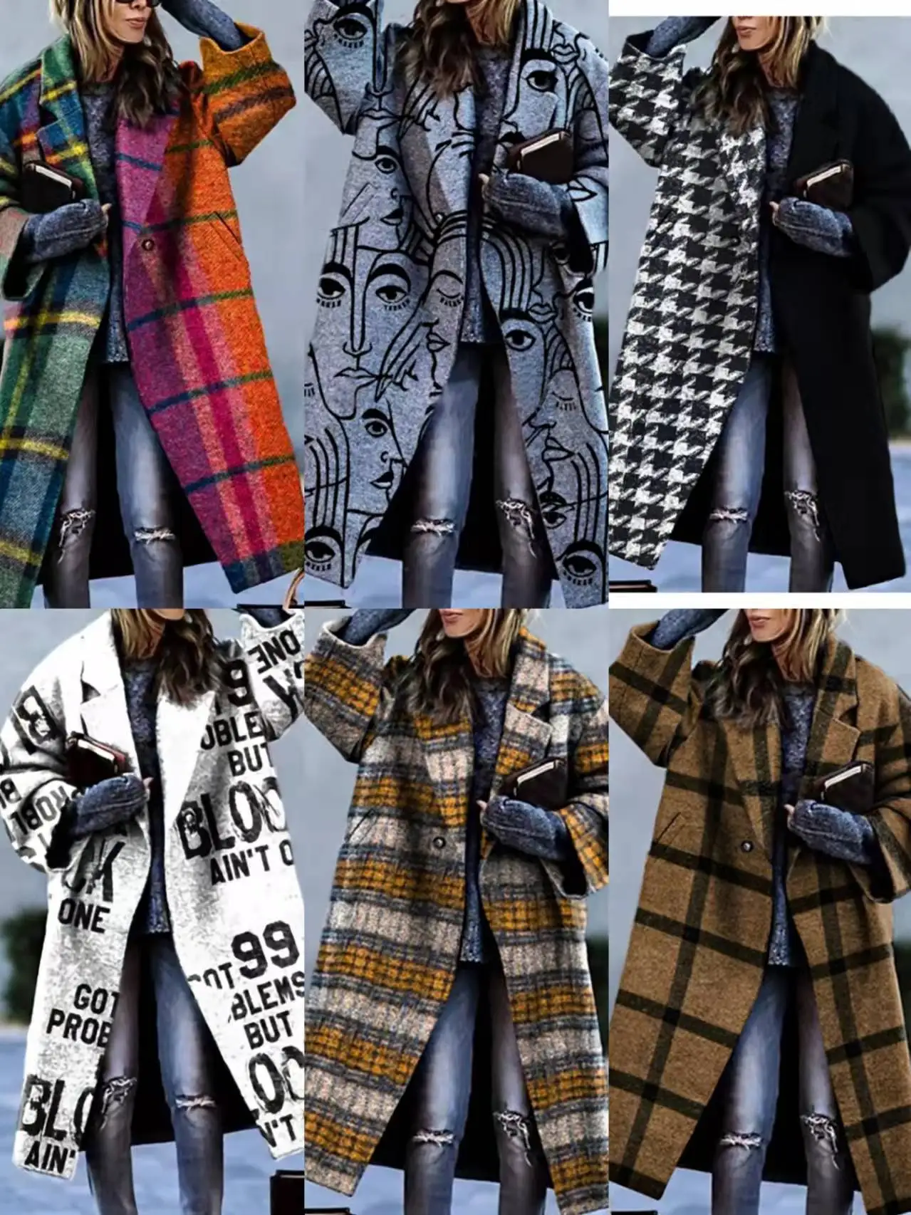 Top Trends: Winter Clothes Women's Color Blocking Plaid Long Sleeve Lapel Coat Printed Dragon And Phoenix Woolen Coat Casual Street Clothes Shoppable Styles