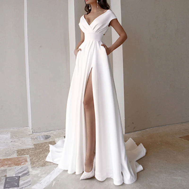 Top Trends: Summer Women V Neck Sexy Dress Elegant Corset High Waist Slit Wedding Party Evening Long Dress Prom Gown Shoppable Styles