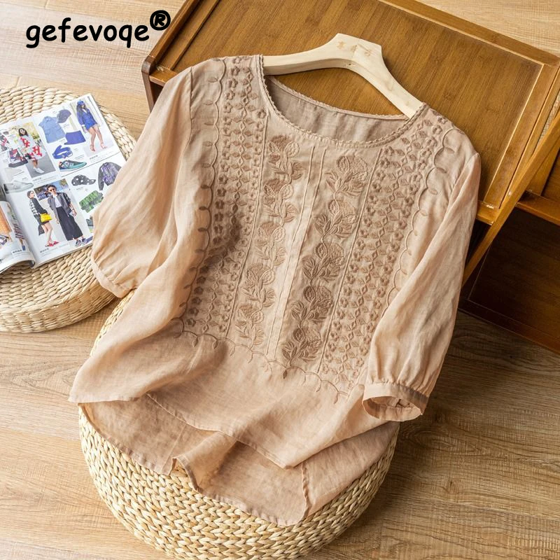 Top Trends: Women&#039;s Clothing Vintage Lace Embroidery Cotton Linen Shirt Summer Simple Casual O Neck Half Sleeve Blouses Irregular Loose Tops Shoppable Styles