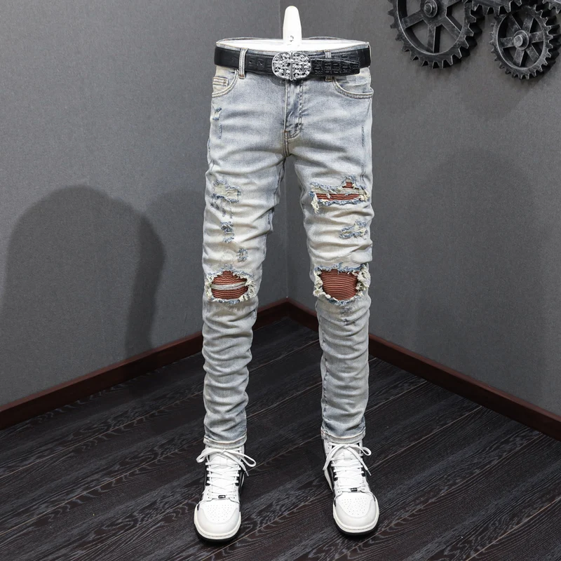 Top Trends: High Street Fashion Men Jeans Retro Washed Blue Elastic Stretch Skinny Fit Ripped Jeans Men Patched Designer Hip Hop Brand Pants Shoppable Styles