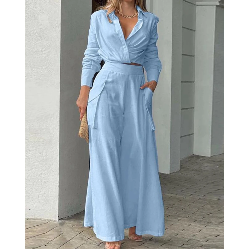 Top Trends: 2023 Women Solid Long Sleeve Ruched Crop Shirt &amp; High Waist Pants Work Suit Sets Female V-Neck Top 2 Pieces Suit Sets Casual Shoppable Styles