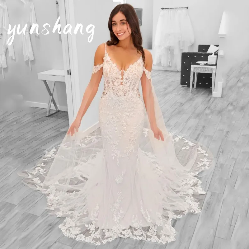 Top Trends: Yunshang Luxury Mermaid Wedding Dress 2024 White Lace Open Back V-Neck Off The Shoulder Bridal Gown Sweep Train Vestido De Novia Shoppable Styles