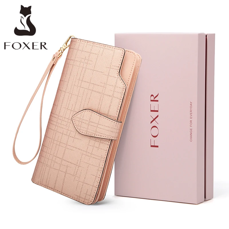 Top Trends: FOXER Women Cowhide Leather Wallets Long Bifold Wallet Clutch Cellphone Bag With Wristlet Quality Card Holder Zipper Coin Purse Shoppable Styles