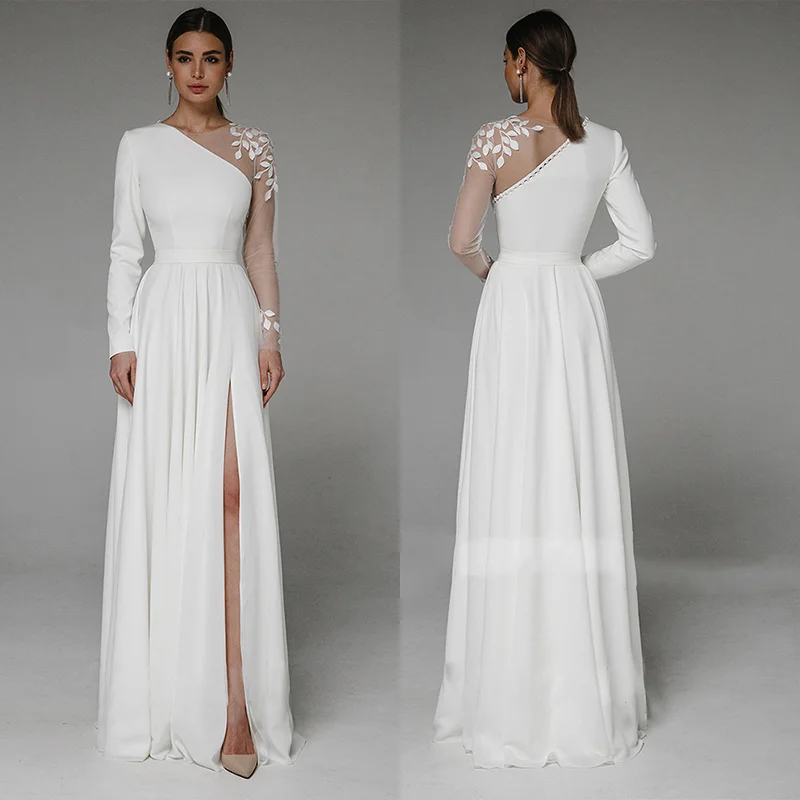 Top Trends: Asymmetrical Side Slit Wedding Dress Long Sleeve Civil Bridal Gown Party For Bride Button Applique Floor Length Свадебное платье Shoppable Styles