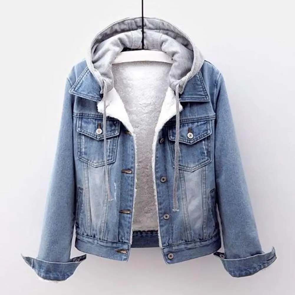 Top Trends: Women Winter Jacket Hooded Solid Long Sleeves Detachable Hat Thick Keep Warm Single-breasted Plus Size Plush Denim Winter Coat Shoppable Styles - Image 2