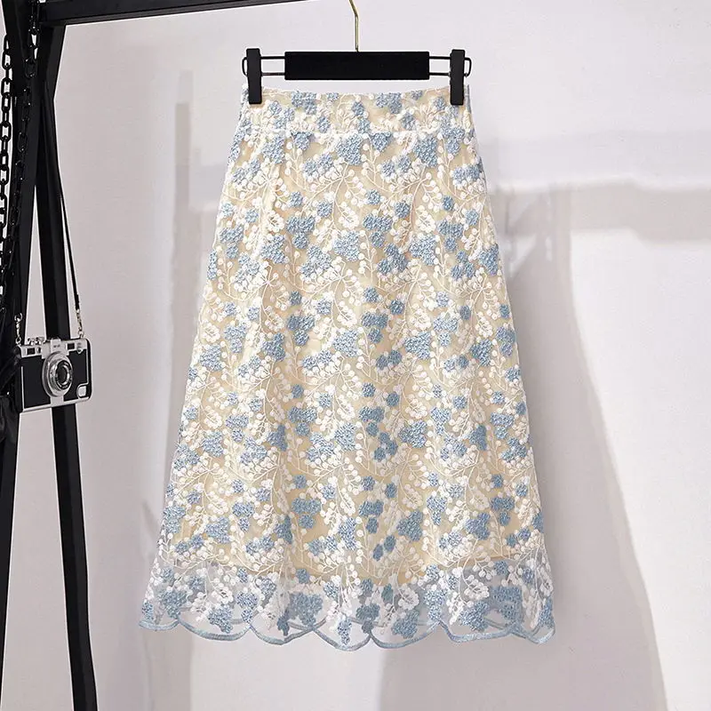 Top Trends: Fashion Floral Heavy Industry Embroidery Lace Skirt Women High Quality Slim Office Lady Classic A-word Large Swing Skirt Shoppable Styles - Image 5