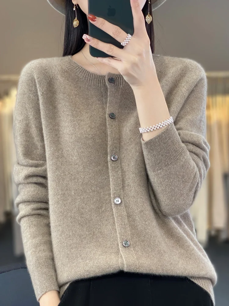 Top Trends: Aliselect New Fashion Women Clothing 100% Merino Wool Sweater O-Neck Long Sleeve Spring Autumn Winter Cardigan Knitwears Tops Shoppable Styles