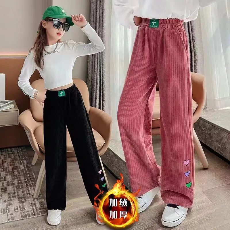 Top Trends: Girls' Straight Leg Autumn And Winter New Wool Lined Loose Corduroy Trousers Medium And Large Children's Wide Leg Trousers Shoppable Styles