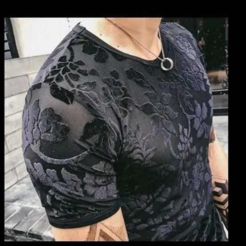 Top Trends: 2023 Summer New Velour Clothes Men's Hollow Out Breathable Tops Round Neck Slim Jacquard Weave T-shirt Shoppable Styles - Image 4