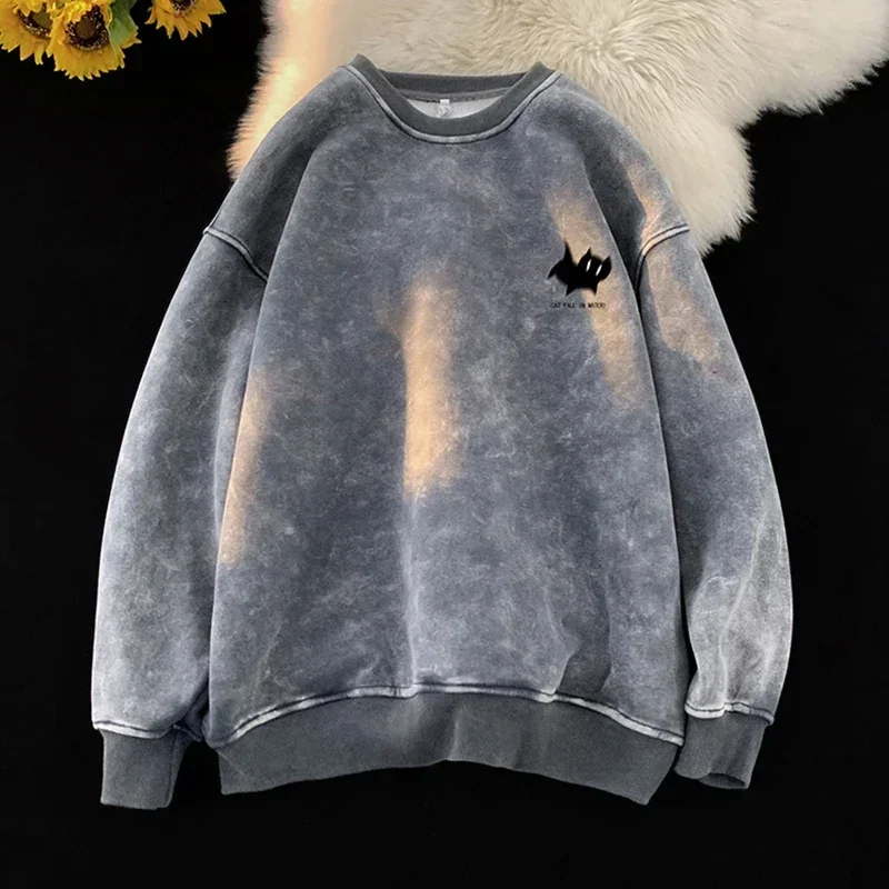 Top Trends: 2024 Men Washed Oversized Sweatshirts Laser Cat-eye Pattern Sweatshirt Round Neck Wash Pullovers Streetwear Man Casual Clothing Shoppable Styles