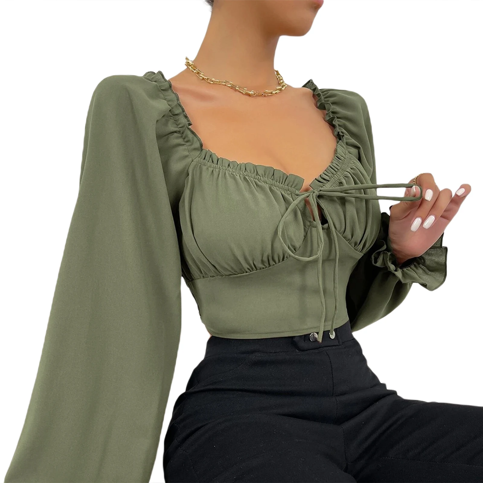 Top Trends: Women Fashion Elegant Blouse Shirt Ladies Long Sleeve Ruffled Drawstring Casual Spring Summer Crop Tops Shoppable Styles - Image 2