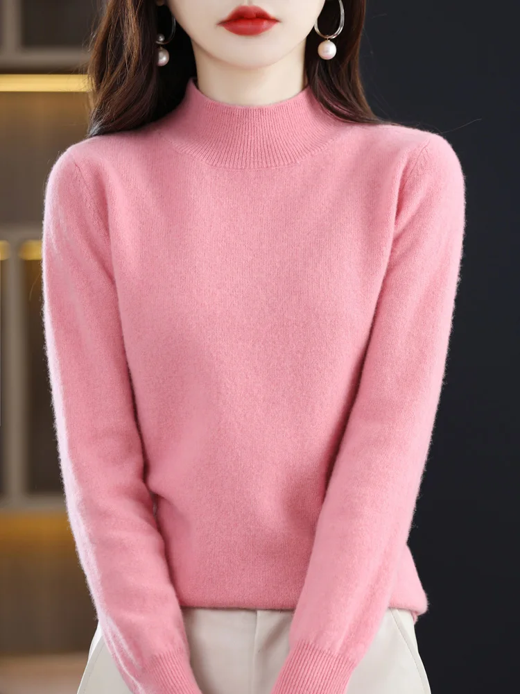 Top Trends: Autumn Winter Women Sweater Mock Neck 100% Merino Wool Solid Basic Pullover Cashmere Knitwear Female Clothing New Fashion Tops Shoppable Styles