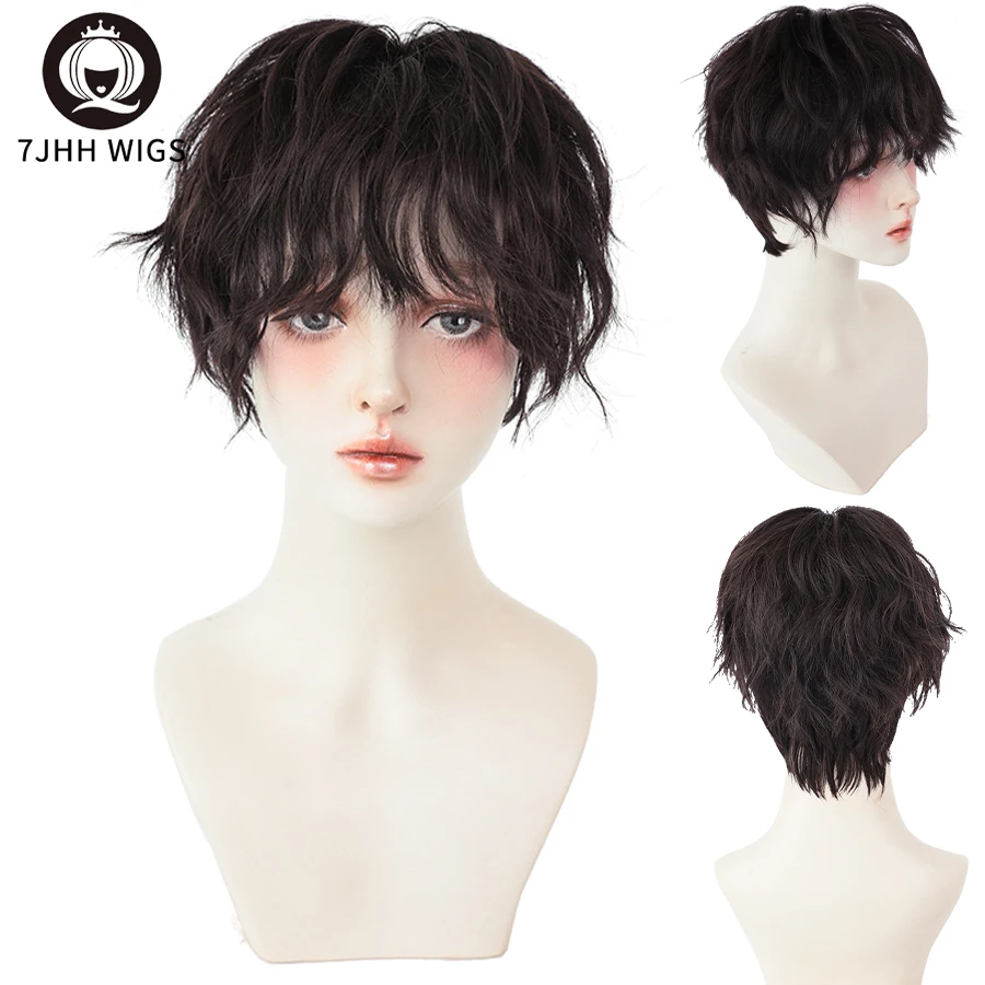 Top Trends: 7JHH WIGS Short Bob Black Wigs For Women Curly Crochet Male Hair With Bang Synthetic Heat Resistant Brown Daily Wear Wig Shoppable Styles