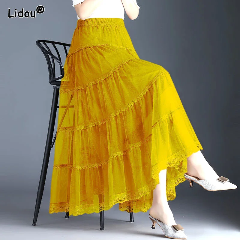 Top Trends: Spring Summer New Mesh Ankle-length A-line Skirt High Waist Slub Gauze Drape Multiple Colour Bright Colors Slim Women's Clothing Shoppable Styles