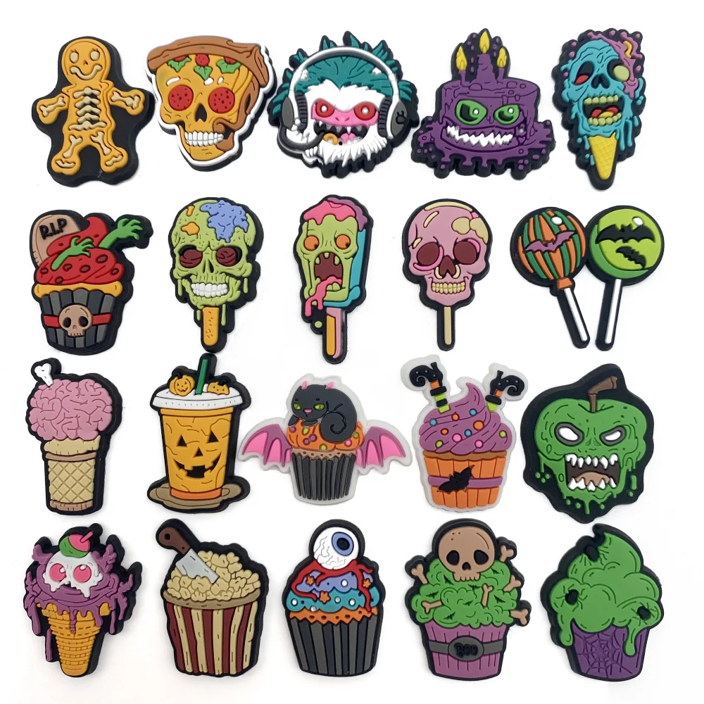 Top Trends: 1-20Pcs Halloween Horror Food Skull Ice Cream PVC Shoe Charms Sandals Buckles Accessories Decoration Fit Clog Shoppable Styles