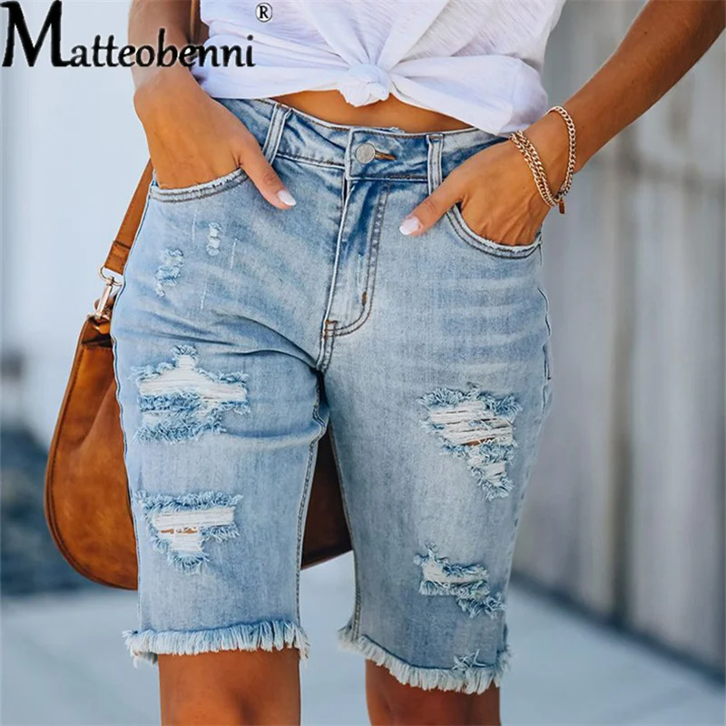 Top Trends: Ripped Jeans Summer Street Tassel High Elastic Skinny Pants Mid Waist Five Points Pants Women Slim Hole Ladies Casual Shorts Shoppable Styles