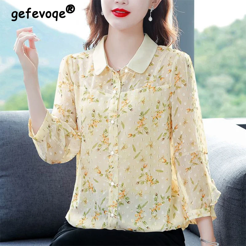 Top Trends: Summer Fashion Elegant Floral Printing Long Sleeve Chiffon Shirt Ladies Temperament Single Breasted Blouse Female Cardigan Top Shoppable Styles