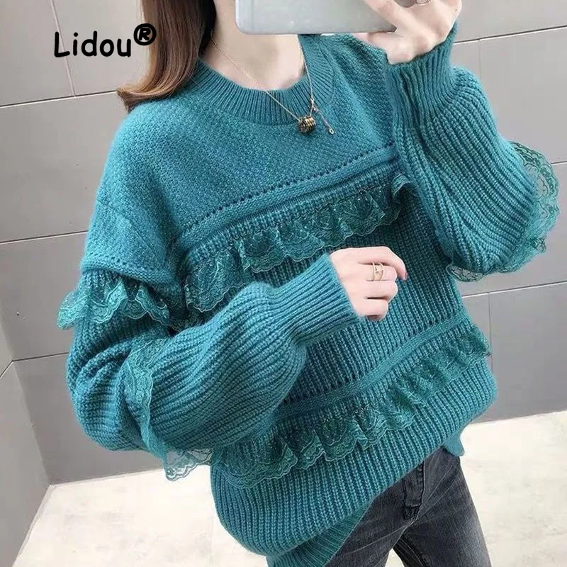 Top Trends: O-collar Lace Pullover Sweaters Women Loose Autumn Knitting Long Sleeve Top Solid Color All-match Bottoming Shirt Winter 2022 Shoppable Styles