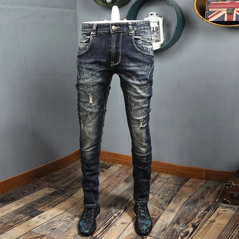 Top Trends: Streetwear Fashion Men Jeans Retro Black Blue Slim Ripped Jeans Men Trousers Spliced Designer Vintage Casual Denim Pants Hombre Shoppable Styles