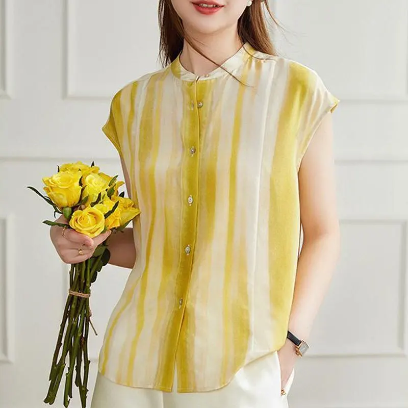 Top Trends: Female Clothing Striped Casual Sleeveless Shirt 2023 Summer New Commute Single-breasted All-match Round Neck Korean Loose Blouse Shoppable Styles - Image 2