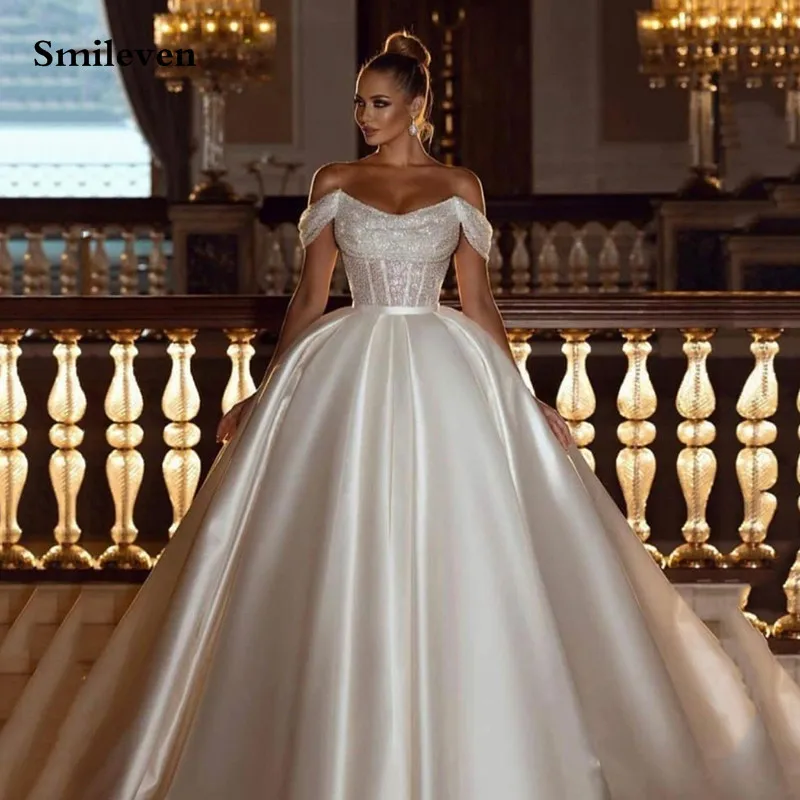 Top Trends: Smileven Princess Wedding Dresses Off The Shoulder Sequins Top Bride Dress Saudi Arabia Boho Vestido De Noiva Ball Gowns 2022 Shoppable Styles