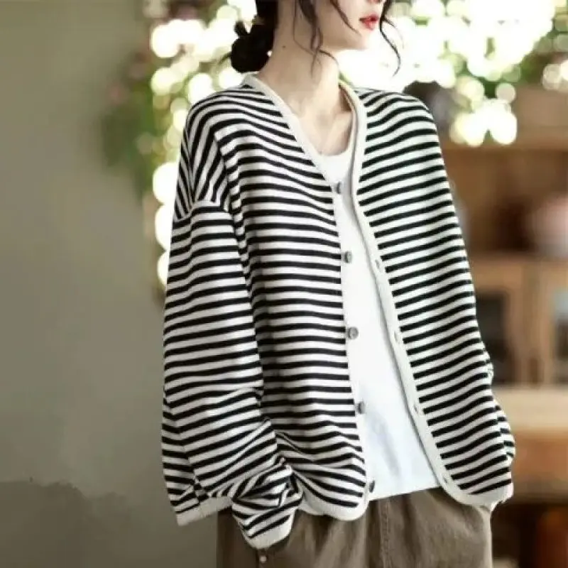 Top Trends: 2023 New Minimalist Style Round Neck Stripe Print Loose Casual Vintage Oversized Women's Long Sleeved Cardigan Jacket Trend Shoppable Styles