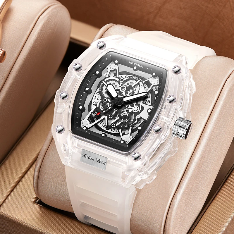 Top Trends: White Tonneau Sport Wristwatch Men's Sport Rubber Strap Quartz Watches Business Fashion Transparent Case Mille Watches Hot Sale Shoppable Styles