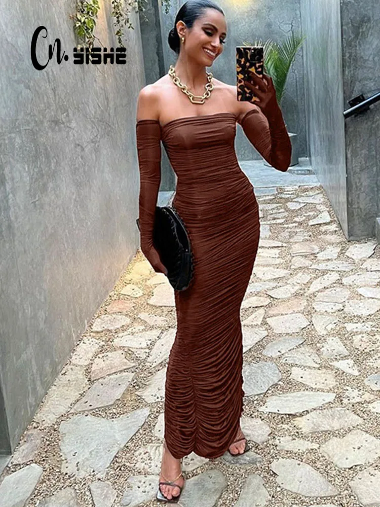 Top Trends: CNYISHE 2022 Fall Elegant Vintage Strapless Dress With Gloves Sexy Bodycon Sheath Regular Long Dresses Women Party Outfits Robes Shoppable Styles