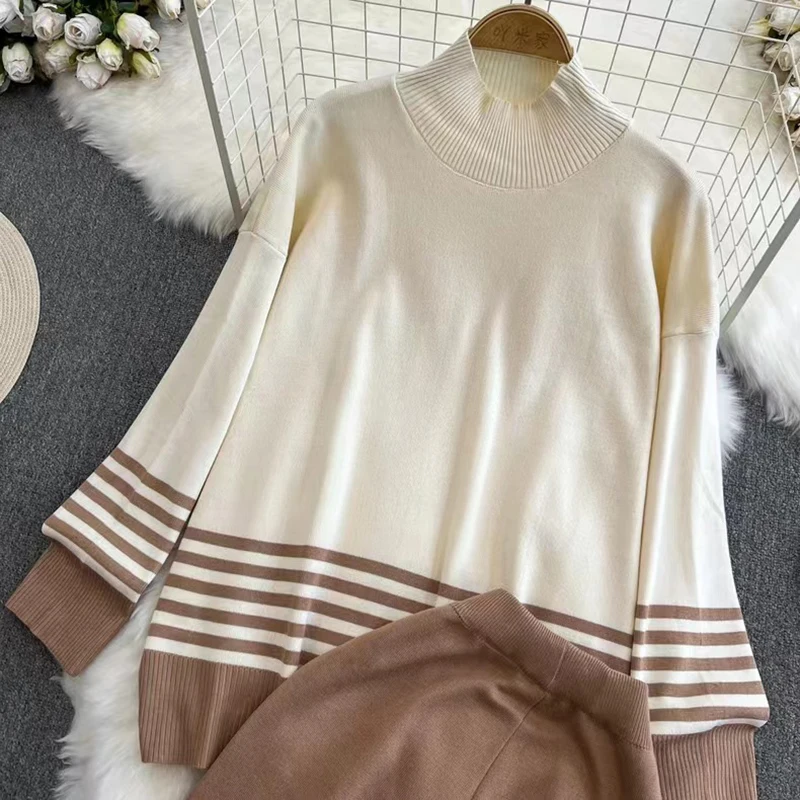 Top Trends: Half High Collar Stripe Stitching Pullover Sweater Womens Korean High Waist Straight Wide Legs Knitted Two Piece Set Sweatshirts Shoppable Styles - Image 5