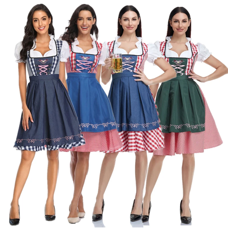 Top Trends: Traditional Bavarian Oktoberfest Costumes Plaid Dirndl Dresses Women Apron Dress German Beer Wench Maid Cosplay Party Dress Shoppable Styles