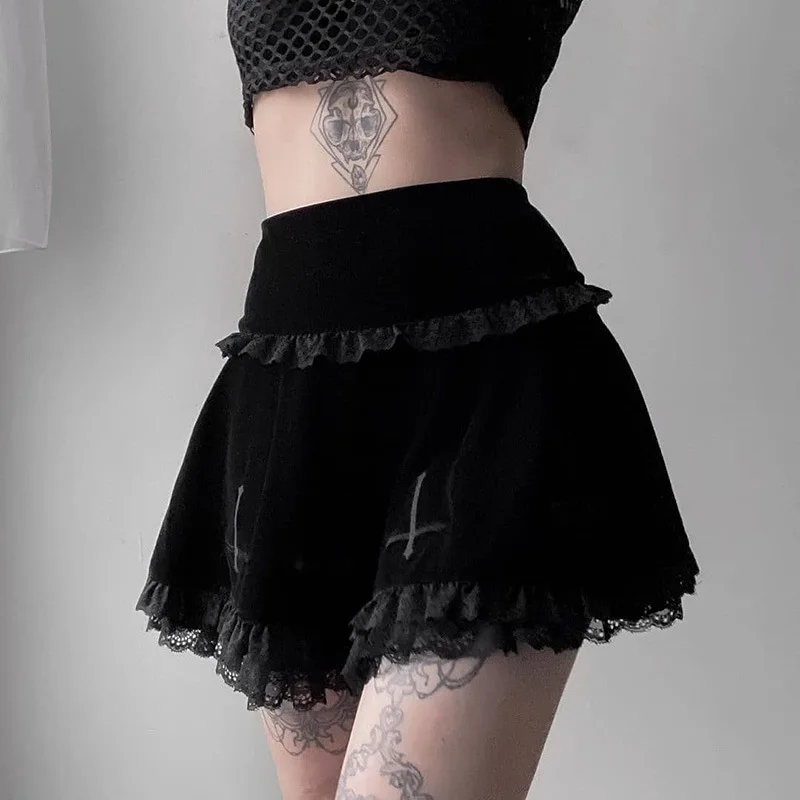 Top Trends: Y2k Skirt Dark Cross Embroidered Lace Suede Goth Dark Mall Gothic Women Vintage Harajuku High Waist Lace Ruffles Skirt Shoppable Styles