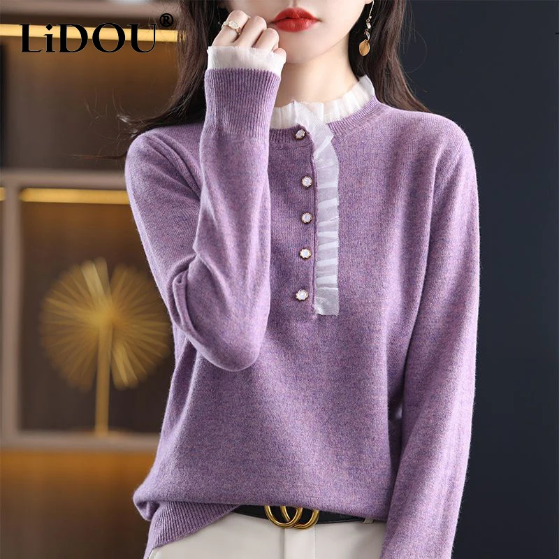 Top Trends: Autumn Winter Sweet Lace Patchwork Sweaters Women Jumper Loose Casual Pullover Elegant Fashion Knitting All-match Female Clothes Shoppable Styles - Image 2