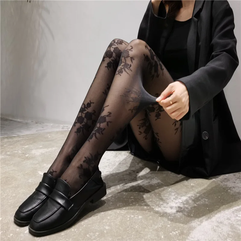 Top Trends: French Style Vintage Black White Stockings Medias Kawaii Rose Flower Print Pantyhose Nylon Pattern Luxury Tights Collant Femme Shoppable Styles