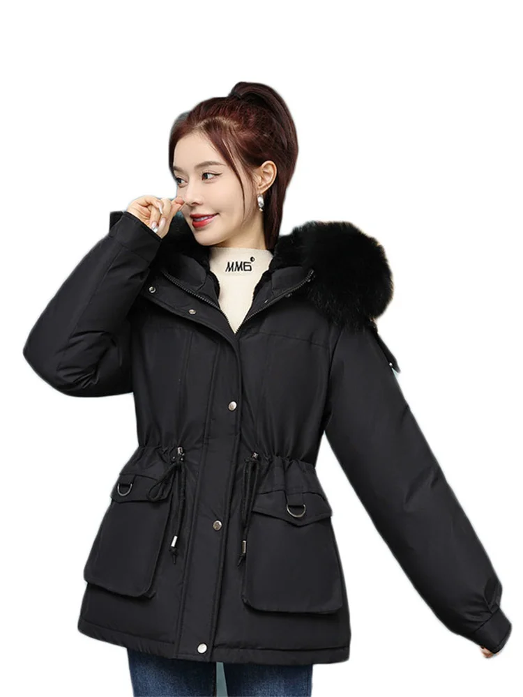 Top Trends: Parkas Coat Women 2023 Winter New Fashion Korean Short Down Cotton Coat Fur Collar Hooded Thick Warmth Clothing Shoppable Styles