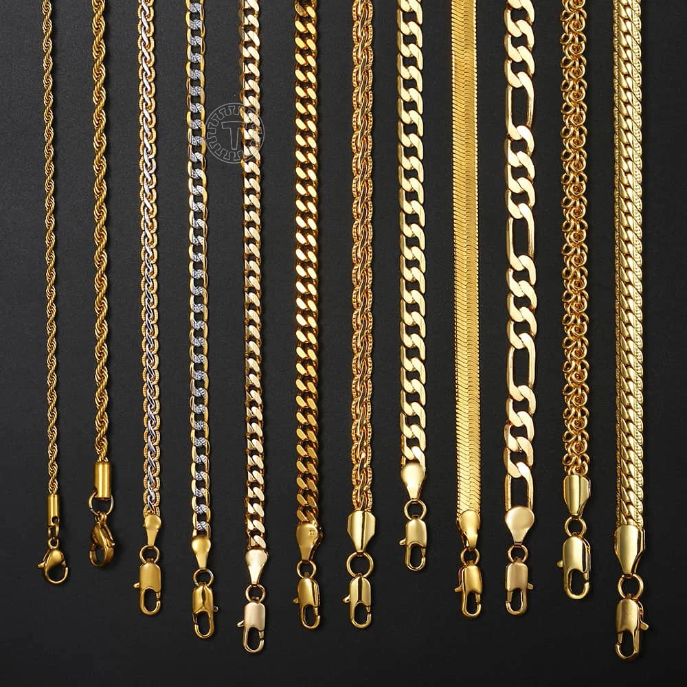 Top Trends: Gold Color Chain For Men Women Wheat Figaro Rope Cuban Link Chain Gold Plated Stainless Steel Necklaces Jewelry Gift Wholesale Shoppable Styles