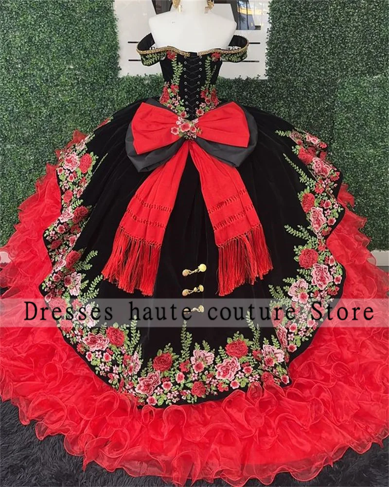 Top Trends: Elegant Mexican Embroidery Quinceanera Dresses With Bow Black And Red Ball Gown Birthday Gown Off The Shoulder Lace-Up Sweet 16 Shoppable Styles