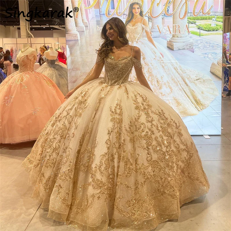 Top Trends: Champagne Quinceanera Dress Straps Off Shoulder Sweet 16 Years Gowns Birthday Party Princess Puffy Ball Gown Formal Vestidos Shoppable Styles