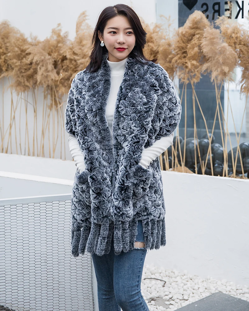 Top Trends: 190*36cm Winter Knitted Real Rex Rabbit Fur Scarf With Pocket Wide Women Natural Rabbit Fur Tassel Shawl Warm Long Fur Scarves Shoppable Styles