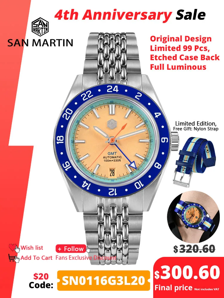 Top Trends: San Martin Limited Edition 39.5mm Full Luminous NH34 GMT Original Design Men Sports Watch Automatic Mechanical Waterproof SN0116 Shoppable Styles