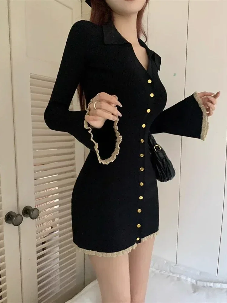 Top Trends: Deeptown Coquette Black Mini Cabaret Dress Women Korean Style Y2k Sweet Ruffles Long Flare Sleeve Tunic Knitted Dresses Autumn Shoppable Styles