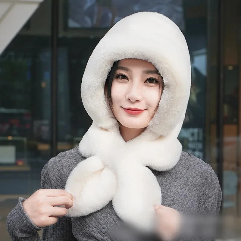 Top Trends: Women Winter Hood Beanies Thick Plush Scarf Hat Set Outdoor Ski Windproof Warm Headgear Solid Fluffy Fur Female Earmuffs Cap Shoppable Styles - Image 6