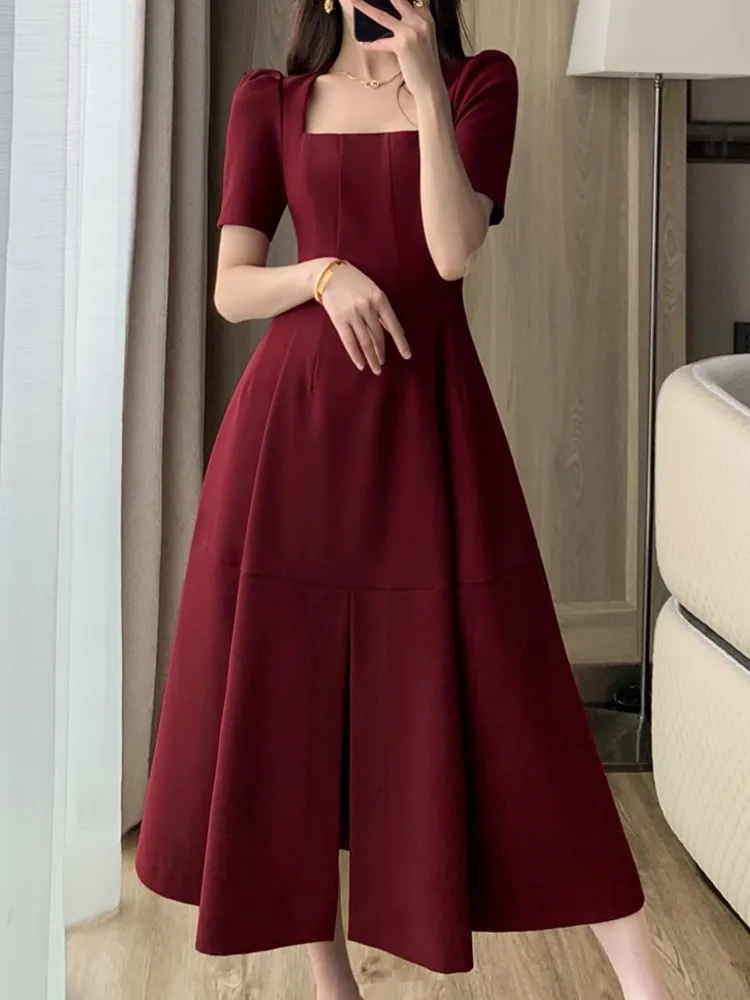 Top Trends: Korean Fashion Women Summer Elegant Casual Red Dress Vintage Chic Solid Party Wedding Vestidos Female Birthday Robe Mujers New Shoppable Styles