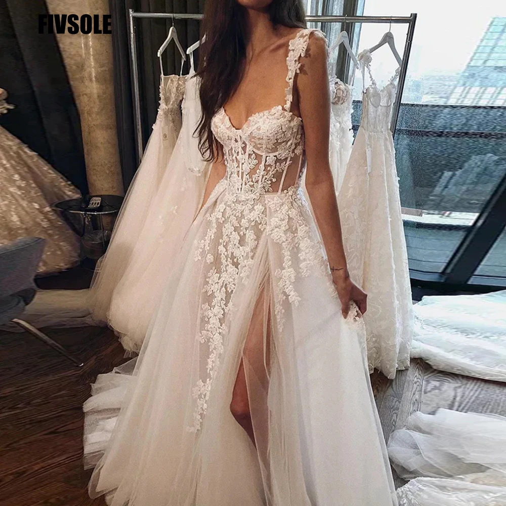 Top Trends: Fivsole Split Vestido De Novia Tulle Beach Wedding Dresses Sweetheart Lace Suknia Slubna Robe Mariage Zipper Backless Trouwjurk Shoppable Styles