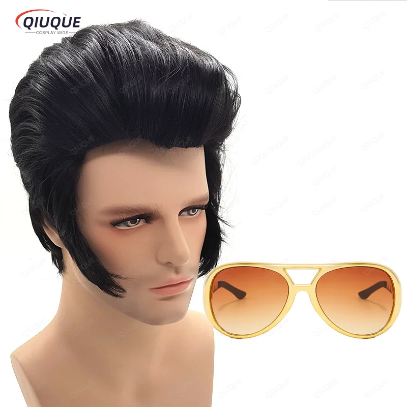 Top Trends: New Men&#039;s Rock Singers Elvis Aron Presley Cosplay Wig Elvis Presley Black Heat Resistant Synthetic Hair Party Wig + Wig Cap Shoppable Styles