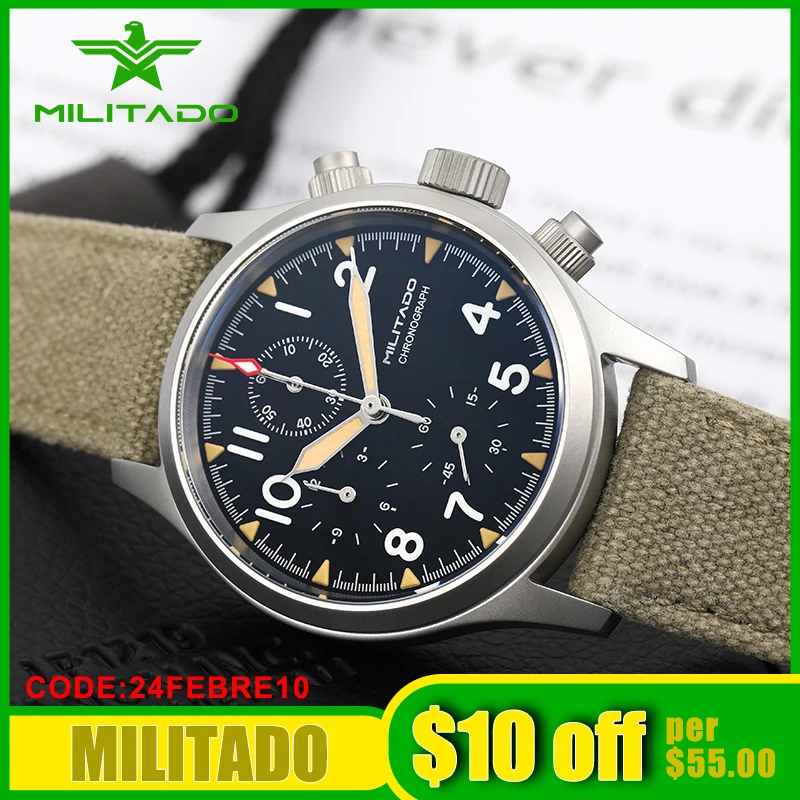 Top Trends: Militado Retro Military Chronograph Watch VK67 Quartz 39MM Dial 10ATM Waterproof Calendar Window Multifunction Style Wristwatch Shoppable Styles